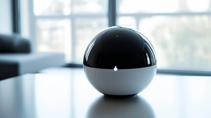 Poster - Sleek black and white sphere device on modern table near window.