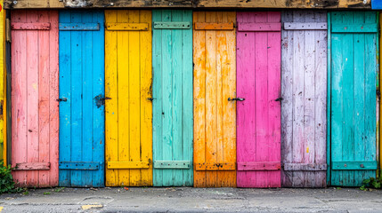 Wall Mural - Vibrant Colorful Painted Wooden Doors on a Row, Exterior Wall, Urban Architecture, City Street, Summer, Happy, Joyful, Cheerful, Artistic, Aesthetic, Beautiful, Pretty, Charming Details