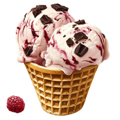 Aufkleber - Two scoops of raspberry and chocolate chip ice cream sit atop a waffle cone with fresh raspberries beside it.
