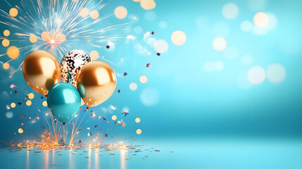 Poster - A vibrant celebration scene featuring colorful balloons and sparkling confetti against a soft blue backdrop