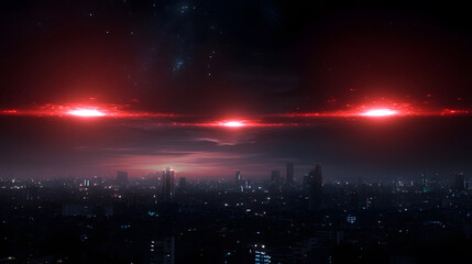 Aufkleber - A futuristic city skyline illuminated by three ominous red beams cutting through a dark sky, creating a dramatic and mysterious atmosphere