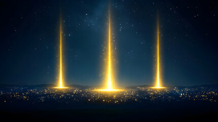 Poster - Three radiant beams of light pierce the dark blue sky, creating a mesmerizing and ethereal atmosphere