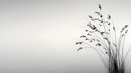 Poster - A serene, minimalist scene featuring delicate grass-like plants silhouetted against a soft, light background