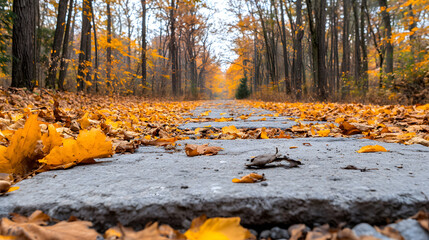 Aufkleber - A serene pathway in a forest covered with vibrant autumn leaves, creating a picturesque scene of nature