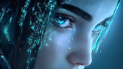 Aufkleber - A close-up of a futuristic female face with glowing blue eyes and digital patterns, conveying a blend of technology and beauty