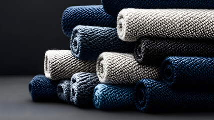 Poster - A visually appealing stack of rolled textiles in various shades of blue and cream, highlighting texture and pattern in a minimalist setting