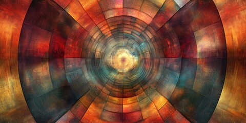 Poster - Abstract circular patterns with warm orange, deep red, and cool teal tones converging towards a luminous center, creating a dynamic visual flow.