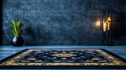 Poster - A stylish interior featuring a blue rug with intricate gold patterns, a decorative plant, and warm candlelight against a textured gray wall