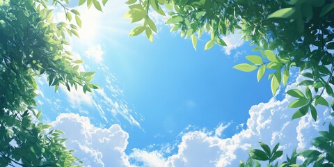  Bright blue sky with fluffy white clouds framed by vibrant green tree leaves under sunlight creating a serene daytime nature scene.