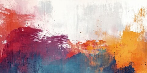Poster - Abstract wall texture featuring vibrant brush strokes in deep red, orange, and blue against a light background with splashes of color.