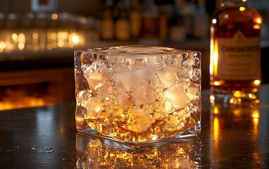 Poster - Illuminated ice cube with whisky bottle on bar.