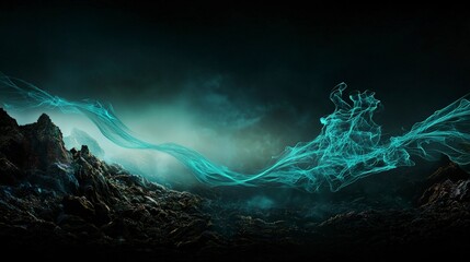 Aufkleber - A tealblue line quivers through the mystical landscape at night abstract art ethereal environment surreal viewpoint