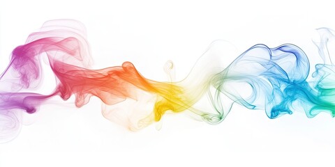 Fototapete - Colorful flowing rainbow smoke ribbons in vibrant pink, orange, yellow, green, and blue against a clean white background, artistic and dynamic composition.