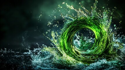 Poster - Artistic viewpoint detailed close-up of emerald green water splash and fluid dynamics in nature's whirlpool