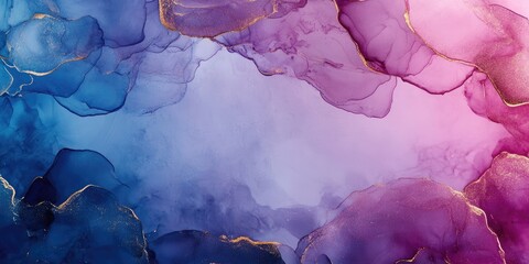 Poster - Ethereal abstract artwork with swirling blue and pink hues, accented by gold trim; central blank space ideal for text placement.