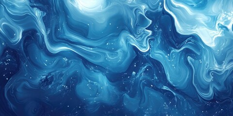 Poster - Swirling blue abstract background with fluid shapes in varying shades of deep and light blue, creating a serene and dynamic textured appearance.