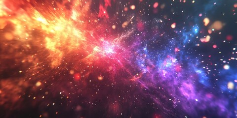 Poster - Abstract vibrant cosmic explosion with hues of orange, red, purple, and blue on dark background, ample space for text, creating festive atmosphere.