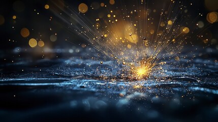 Poster - Golden sparks scatter illuminating the dark space with water droplets at night abstract nature cinematic view