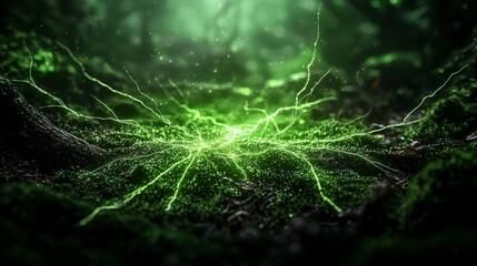Poster - Moss green lines illuminate the darkness enchanted forest nature photography mystical atmosphere low angle beauty revealed