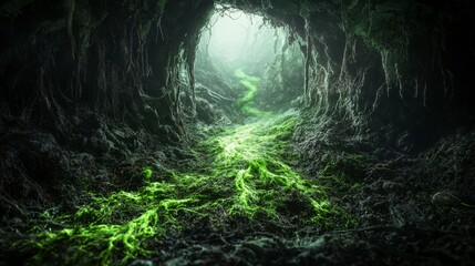 Poster - Moss green trails emerge from dark depths of a cave nature scene mysterious environment close-up view adventure concept