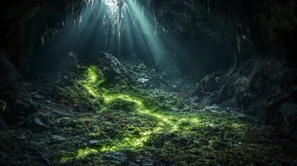 Poster - Moss green trails illuminate dark cave enigmatic nature scene mystical environment captivating viewpoint