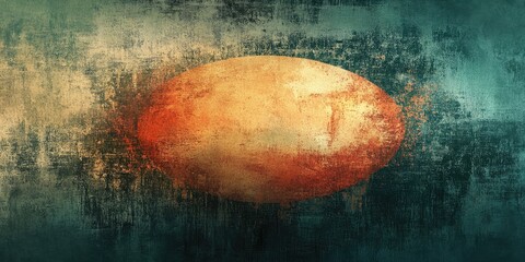 Poster - Abstract oval shape with grunge texture in shades of orange and teal, centered against a distressed brown and green background for artistic appeal.