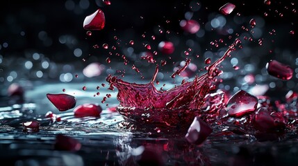 Poster - Dynamic splash of deep red droplets on canvas artistic setting water photography dramatic close-up abstract concept
