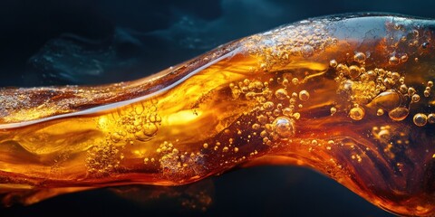 Poster - Stunning transparent amber piece with vibrant red-yellow hues and bubbles against a deep black-blue background showcasing natural texture and swirls.
