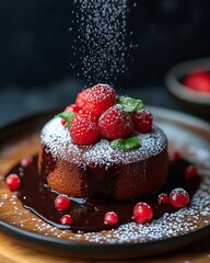 Wall Mural - Chocolate Lava Cake Topped With Raspberries and Powdered Sugar