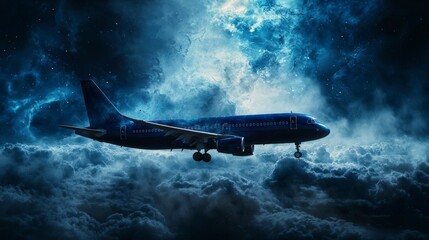 Poster - Indigo airplane soaring through cosmic clouds space digital art surreal atmosphere aerial view dreamlike journey
