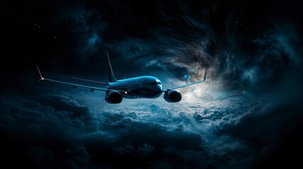 Aufkleber - Indigo plane shimmers across cosmic skies nighttime aerial scene surreal environment dreamlike viewpoint