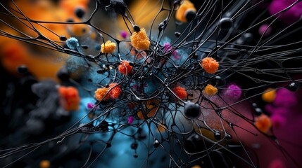 Poster - Dynamic abstract art thin black lines weaving through chaotic background digital creation vibrant environment close-up view