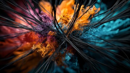 Aufkleber - Dynamic abstract composition of thin black lines and colorful textures in a digital art studio aerial perspective