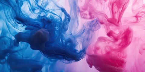 Poster - Close up of vibrant blue and pink ink swirling in water against a soft pastel background featuring fluid shapes and ample copy space for text.
