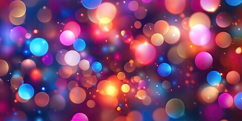 Vibrant abstract pattern with blurred colorful bokeh lights in shades of blue pink and gold creating a dreamy festive background design.
