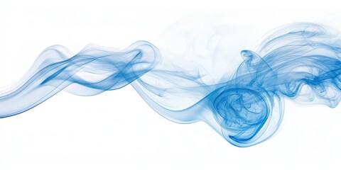 Poster - Flowing blue smoke gracefully swirls across a bright white background, creating a dynamic and ethereal visual effect with soft curves.