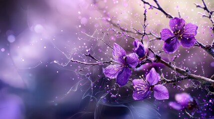 Poster - Violet light breaking through fractures of nature blossoming flowers serene environment close-up view natural beauty