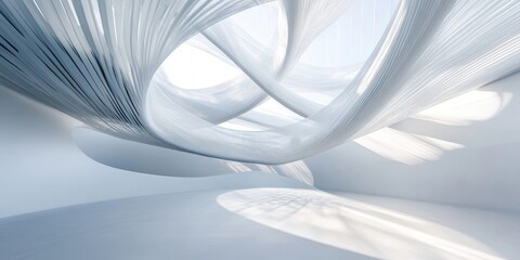 Poster - Intricate white soft shadows and flowing fabric patterns create a serene and captivating abstract interior scene with smooth curves and textures