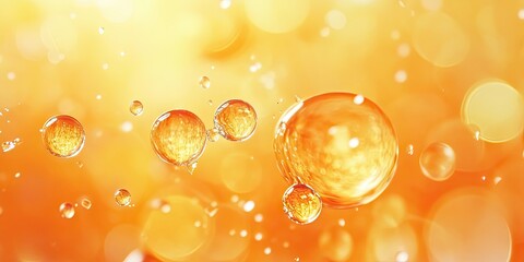 Poster - Abstract image of shimmering oil droplets in clear circles floating against a warm orange background with soft blurred natural elements.