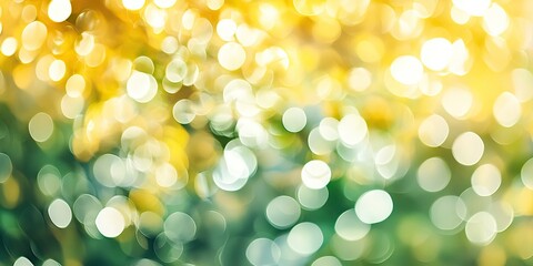 Poster - Bright blurred bokeh background with soft shades of yellow and green contrasted by white circular highlights creating a warm natural ambiance