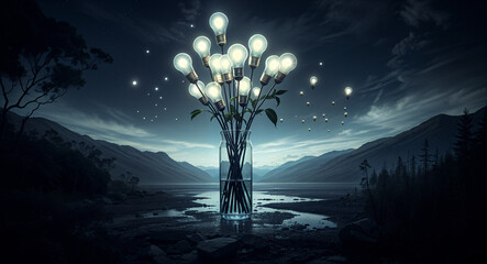 Poster - surreal bouquet of light bulbs . Generative AI