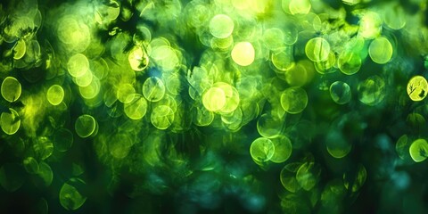 Poster - Vibrant bokeh effects featuring varying shades of green circular light orbs in a lush forest setting, creating a dreamlike atmospheric background.