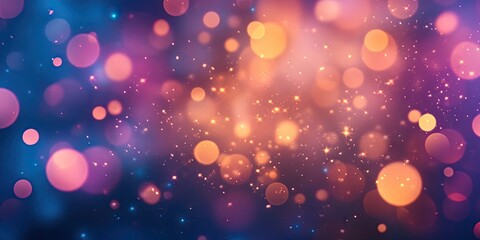 Poster - Vibrant bokeh backdrop featuring shimmering orange and pink circles on a deep blue purple background creating a dreamy abstract atmosphere.