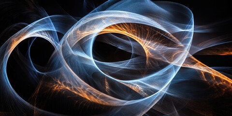 Fototapete - Vibrant light painting abstract with swirling blue and orange textures on a dark background creating dynamic fluid shapes for modern design.