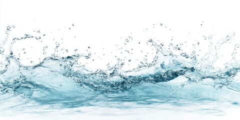 Wall Mural - Blue water splashes with droplets on a white background creating a fluid movement effect centered in the image providing ample copyspace on top.