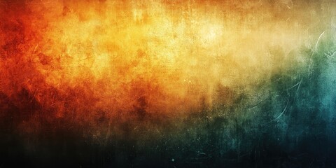 Poster - Panoramic abstract grunge texture featuring a warm gradient of orange and red merging into deep teal at the bottom creating a vintage art feel