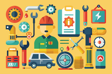 Aufkleber - Various tools and repair icons highlight a technician amid an active workspace filled with equipment icon set repair