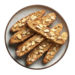 Poster - A plate of crispy almond biscotti, arranged on a rustic ceramic plate, photographed from above.