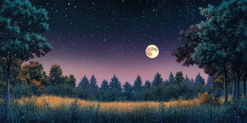 Wall Mural - Serene summer night landscape featuring a bright moon rising over a dense forest with starry sky, lush grass in foreground, and vibrant trees.