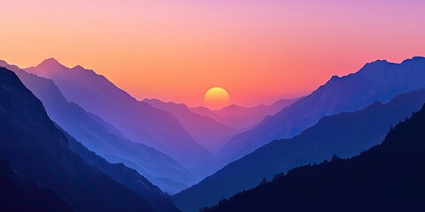 Wall Mural - Serene mountain sunrise with vibrant pink and purple hues, sun rising mid-horizon, layered peaks creating depth, ample space for text.